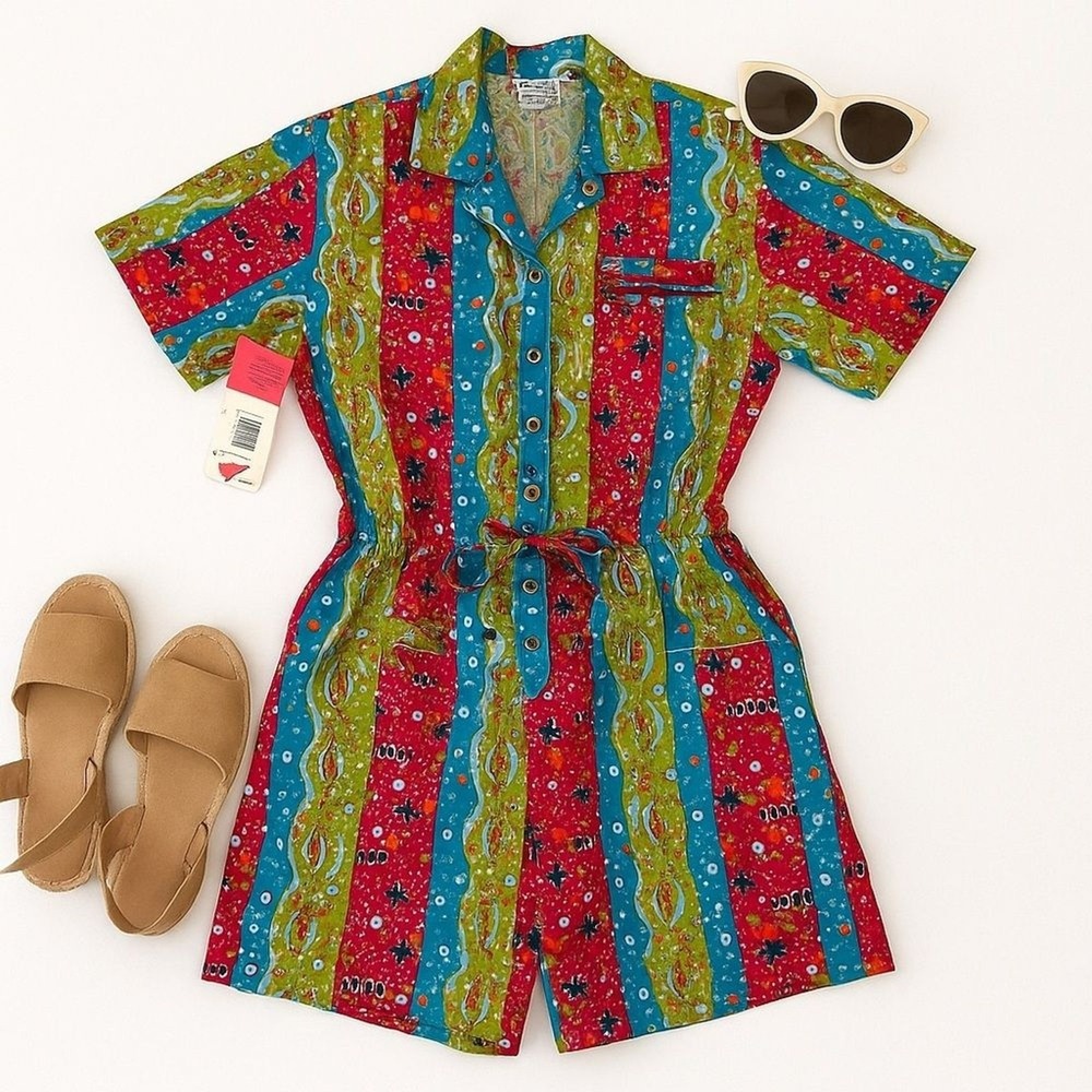 Dreams Vintage 80s Neon Abstract Cotton Romper Belted NWT Women's Small Rare - Picture 2 of 16